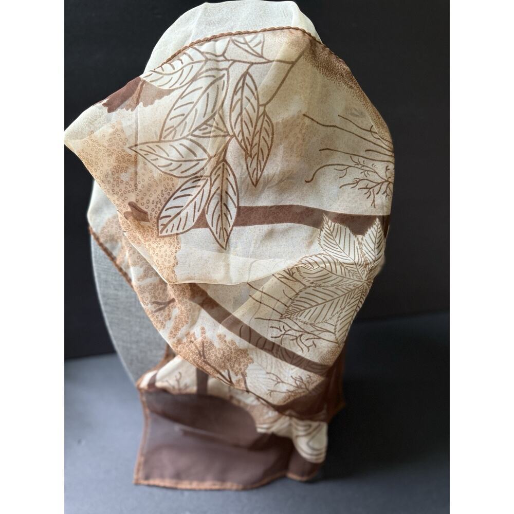 Vintage Silk Neck PurseScarf Brown Cream Leaves Classic Minimalist Rolled Hem